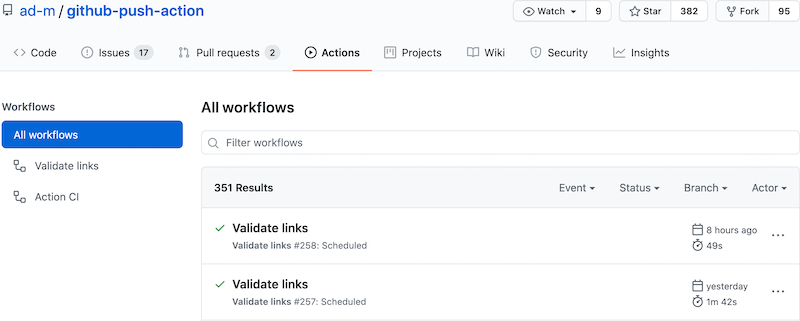 A GitHub project with different workflows defined