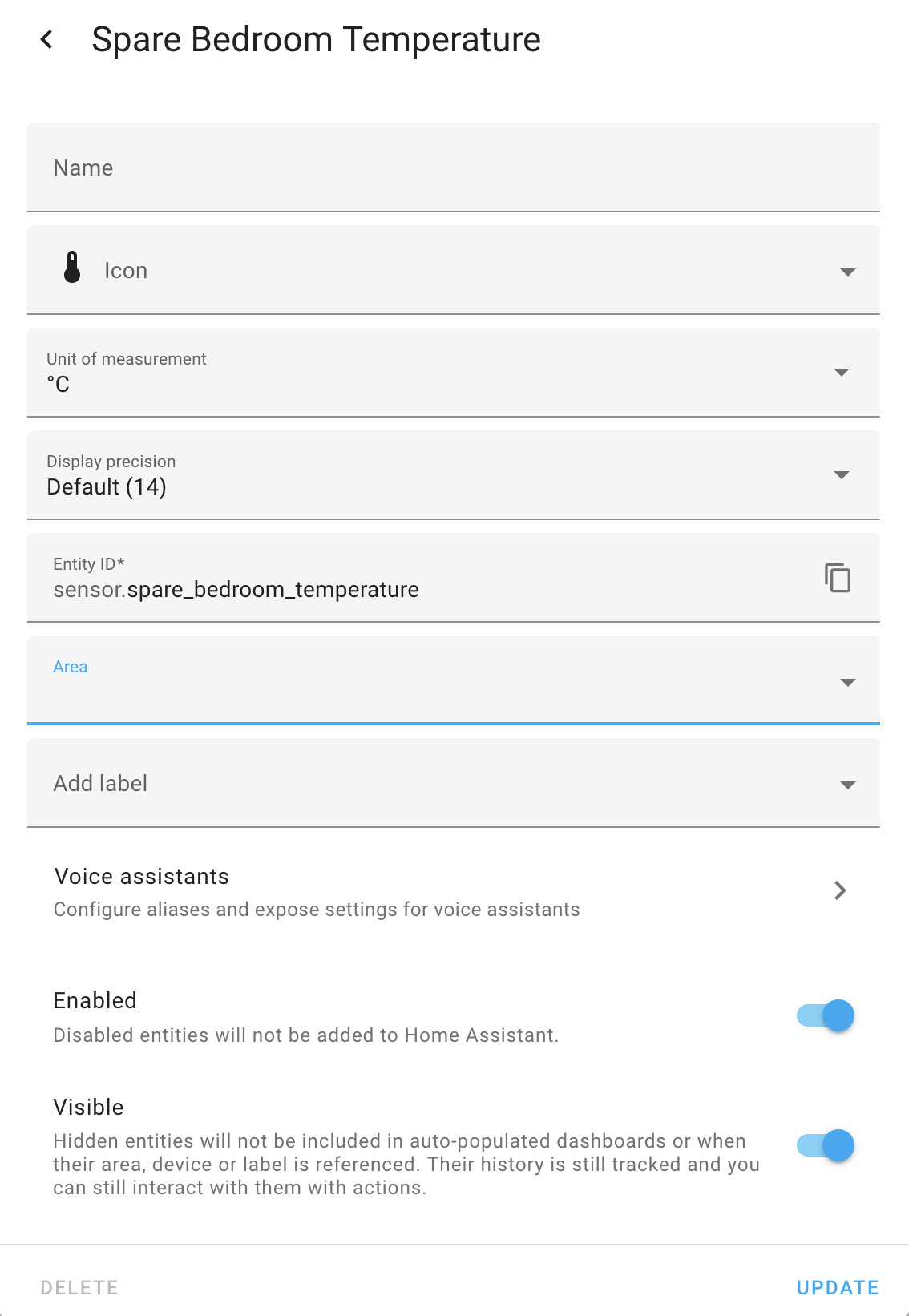 Home Assistant displaying the new temperature entity